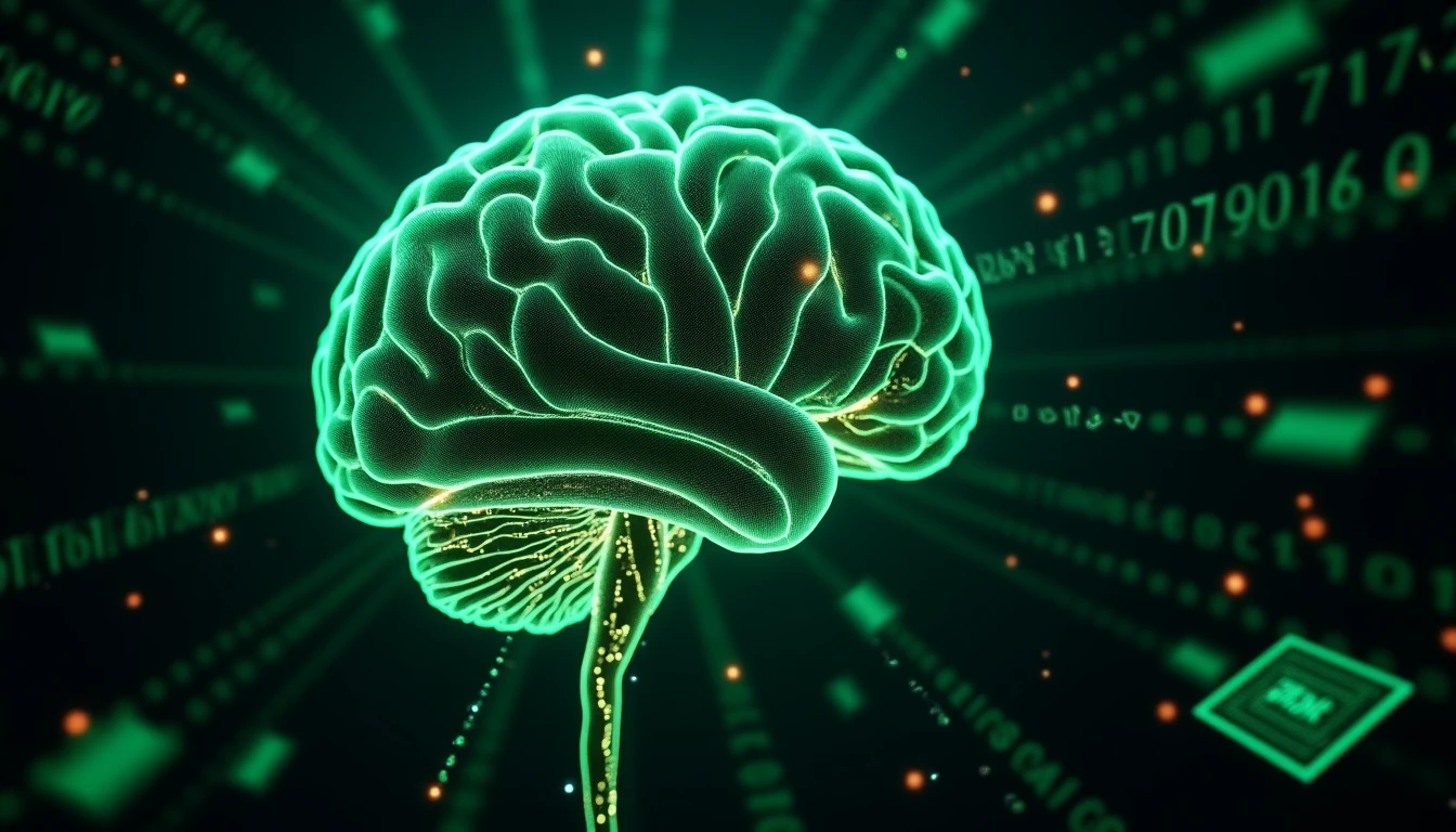Abstract 3D render of an artificial intelligence brain formed by glowing fiber optic cables, surrounded by floating data blocks and binary code, cyberpunk color palette with deep blacks and vibrant greens.