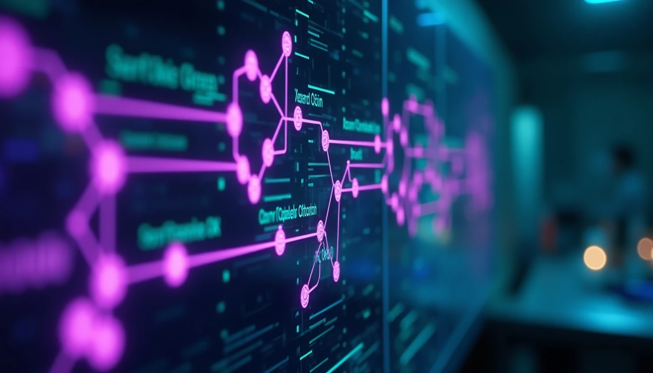 Complex digital workflow diagram glowing on a transparent glass screen, neon purple nodes connecting to green outputs, dark tech laboratory background, sharp focus on the data structure.